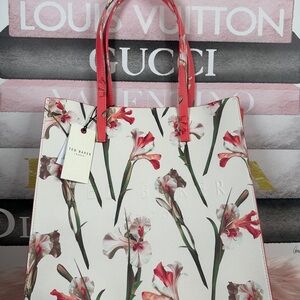 Ted Baker White Floral Tote with Pink Handles